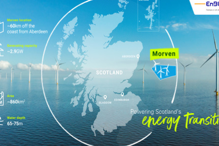 Map of Scotland showing Morven offshore wind farm location with wind turbines in the sea